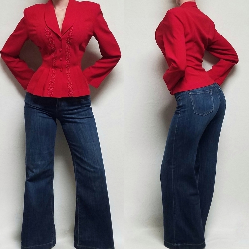 Vintage Retro Y2k Danny & Nicole Red Beaded Floral Embroidered Peplum Jacket 10